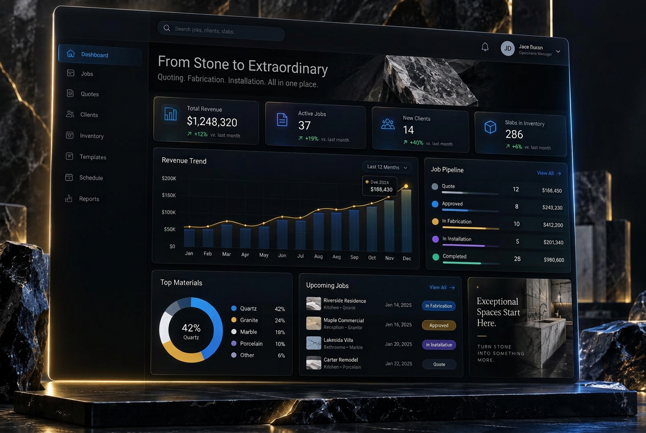 ZinLix dashboard showing revenue, active stone jobs and the production pipeline