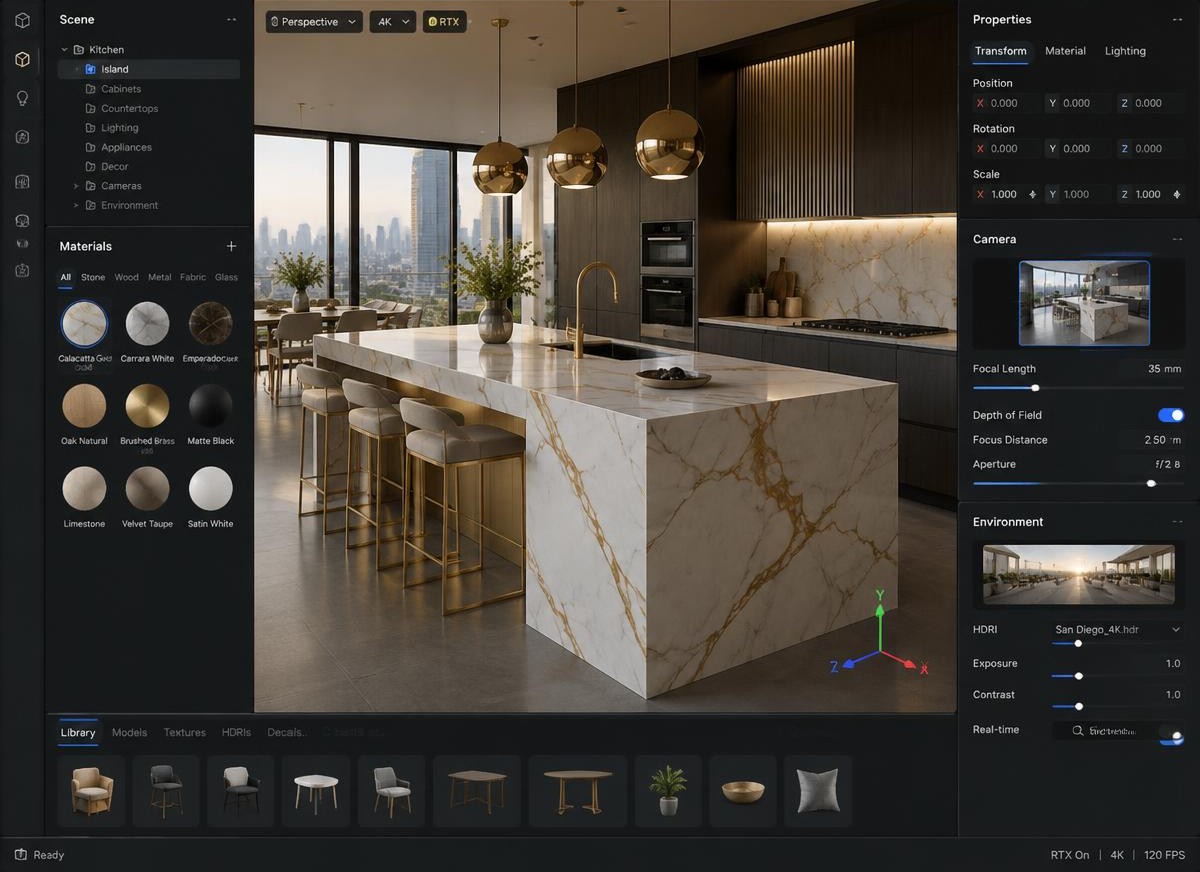 3D kitchen visualization with a white marble waterfall island rendered inside the design studio