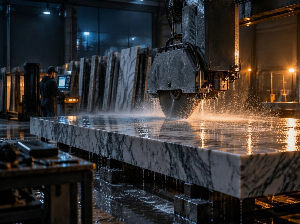 CNC saw cutting a marble slab on a stone fabrication shop floor at night