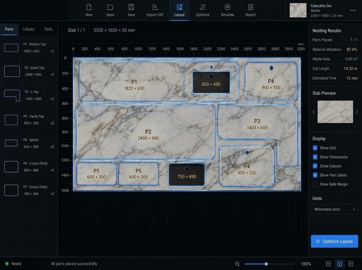 Digital slab layout with countertop pieces nested on a marble slab
